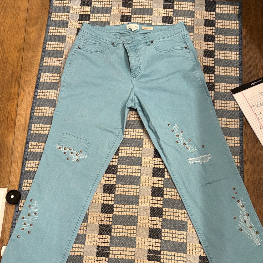 LOGO by Lori Goldstein Light Blue Studded Straight Leg Jeans